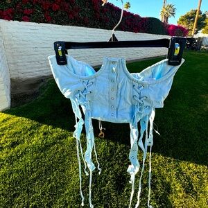 For love and lemons baby blue button up corseté with tie up accents